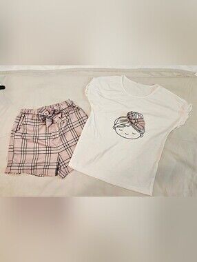 Girls Size 10 White Ruffle Sleeve Graphic Tee & Pink Plaid Bow Shorts